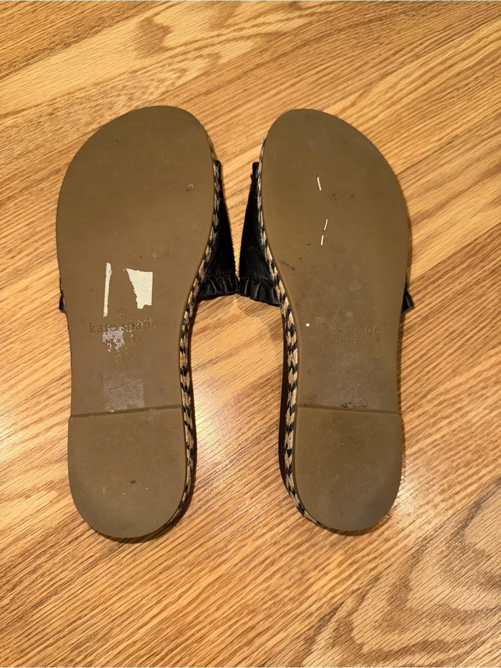 Kate Spade New York Zahara slide sandals black leather ruffle trim jute sole